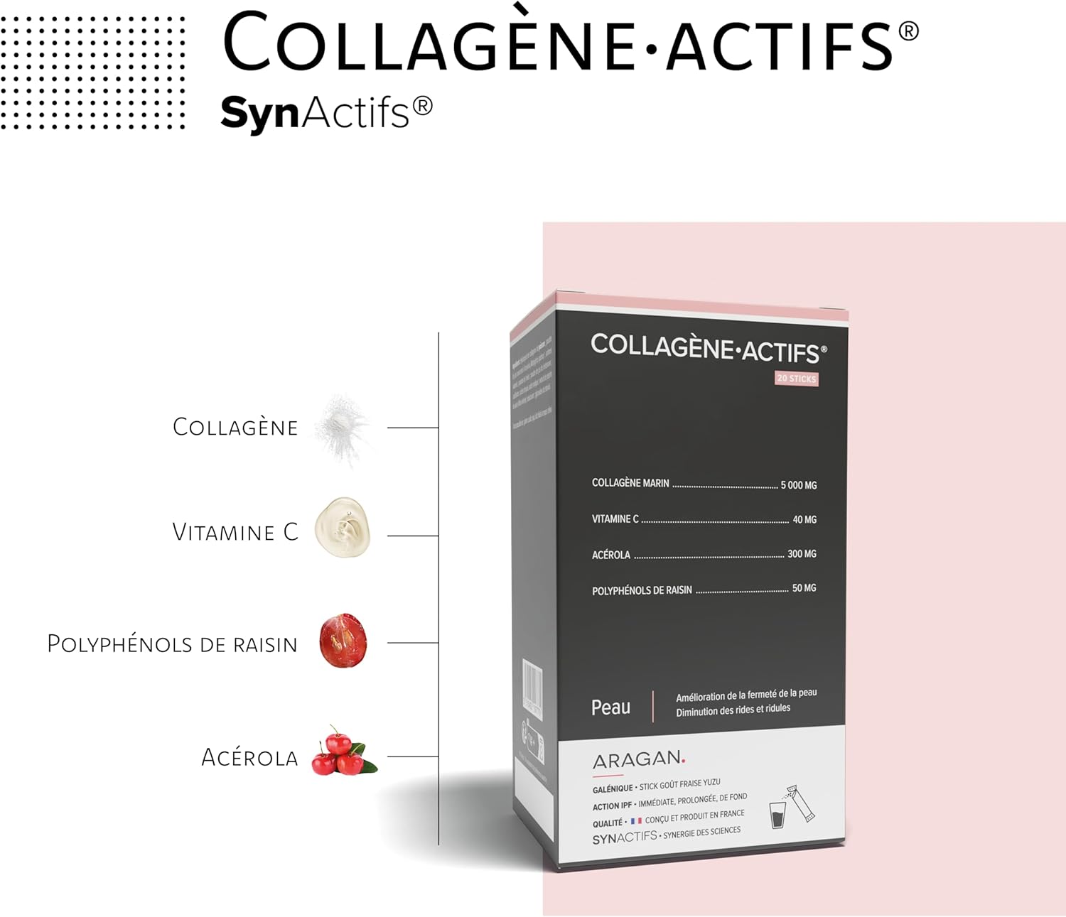 Collagene Marin 5000mg Format Pratique - Complement Alimentaire Anti Age, Elasticité & Fermeté de la Peau - Vitamine C, Acerola, Polyphénols De Raisin - Aragan - 20 Sticks