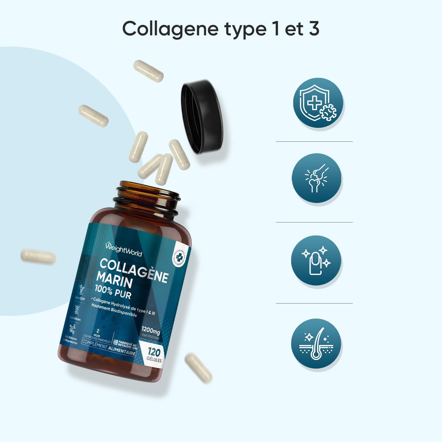 Collagène Marin Hydrolysé Type 1 et 3, 120 Gélules, Peptides de Collagène Marin Hydrolysé 1200mg Alternative à la Poudre, sans OGM, sans Gluten et sans Stéarate de Magnésium