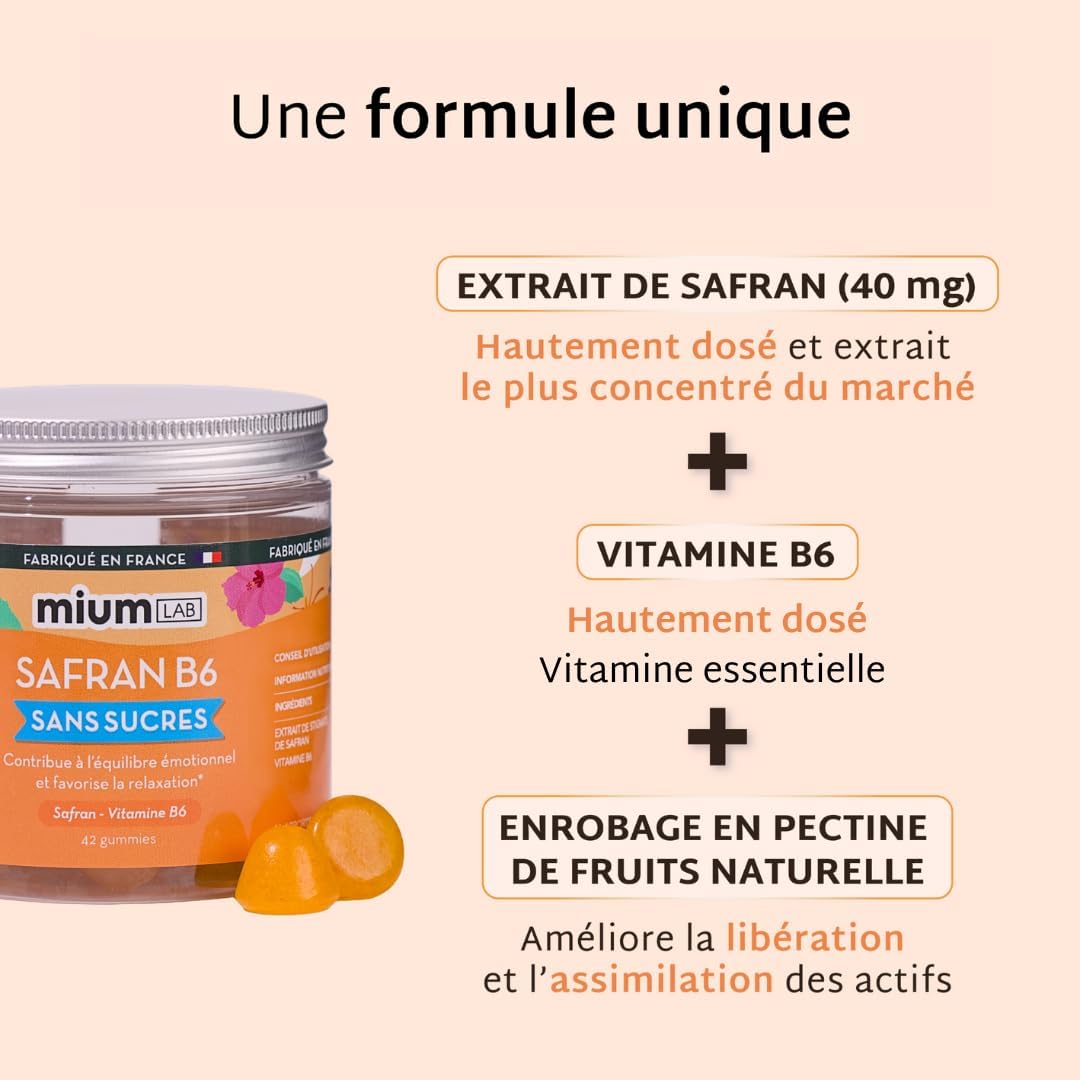 Mium Lab - Gummies Safran Hautement dosé (40mg) et Vitamineamine B6 sans sucres - Enfants et Adultes - Formule exclusive - Programme 3 à 6 semaines - Saveur Pêche - Fabriqué en France 1 Pot