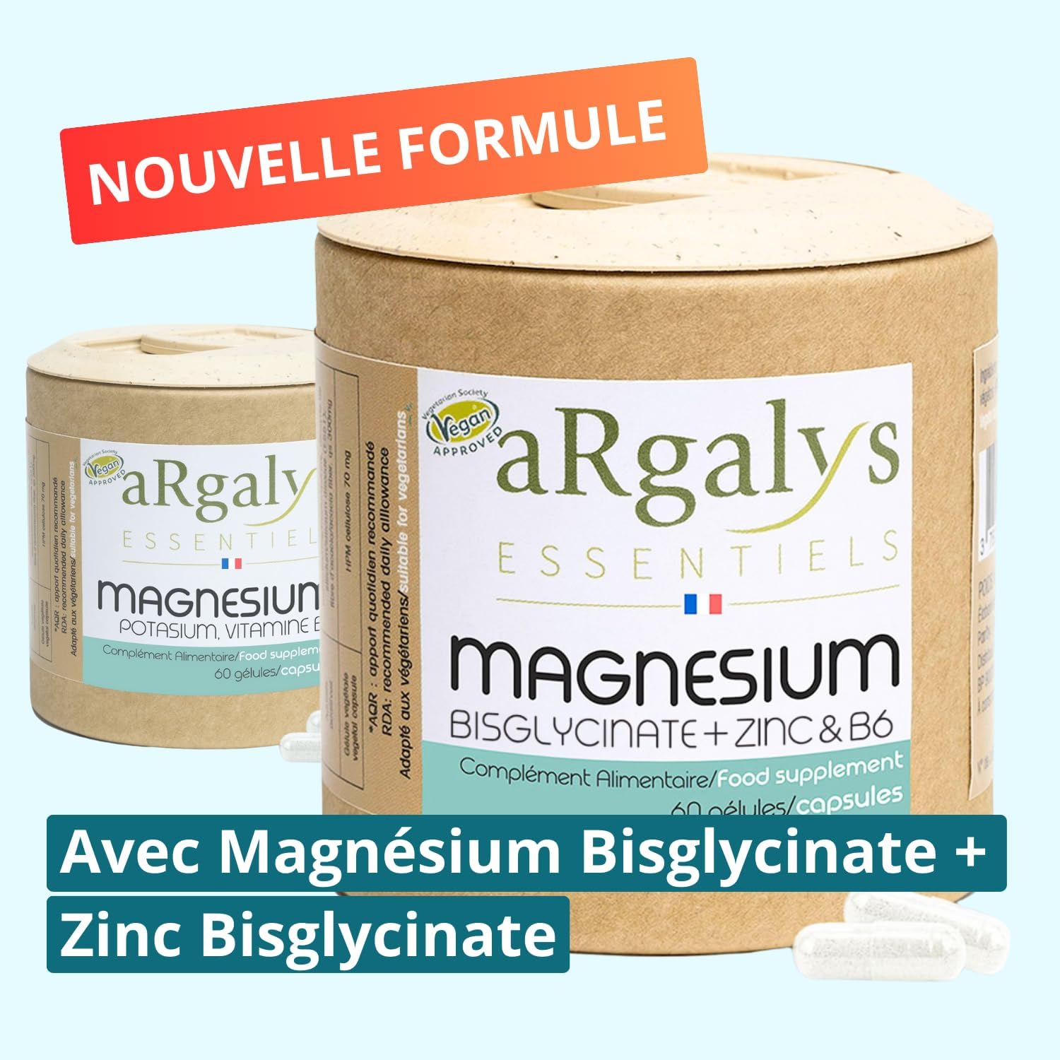 Magnésium Bisglycinate & Zinc Bisglycinate + Vitamine B6, Haute Teneur 300mg /j, Combat Fatigue - Stress, Biodisponibilité, 60 Gélules - Vegan, ZMA, Fabriqué en France, Argalys Essentiels