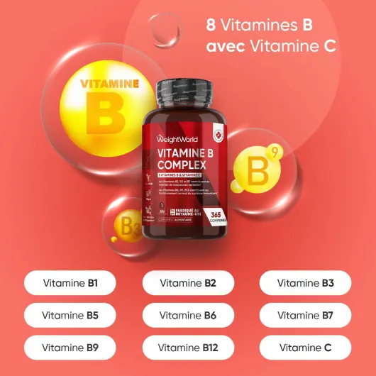 Vitamine B Complex - 365 Micro-Comprimés Vegan - Multivitamines avec Vitamine C, B1, B5, B6, B9 (Acide Folique) et B12, B2, B3, B7 Biotine - Vit B Complex, sans OGM ni Gluten ni Stéarate de Magnésium
