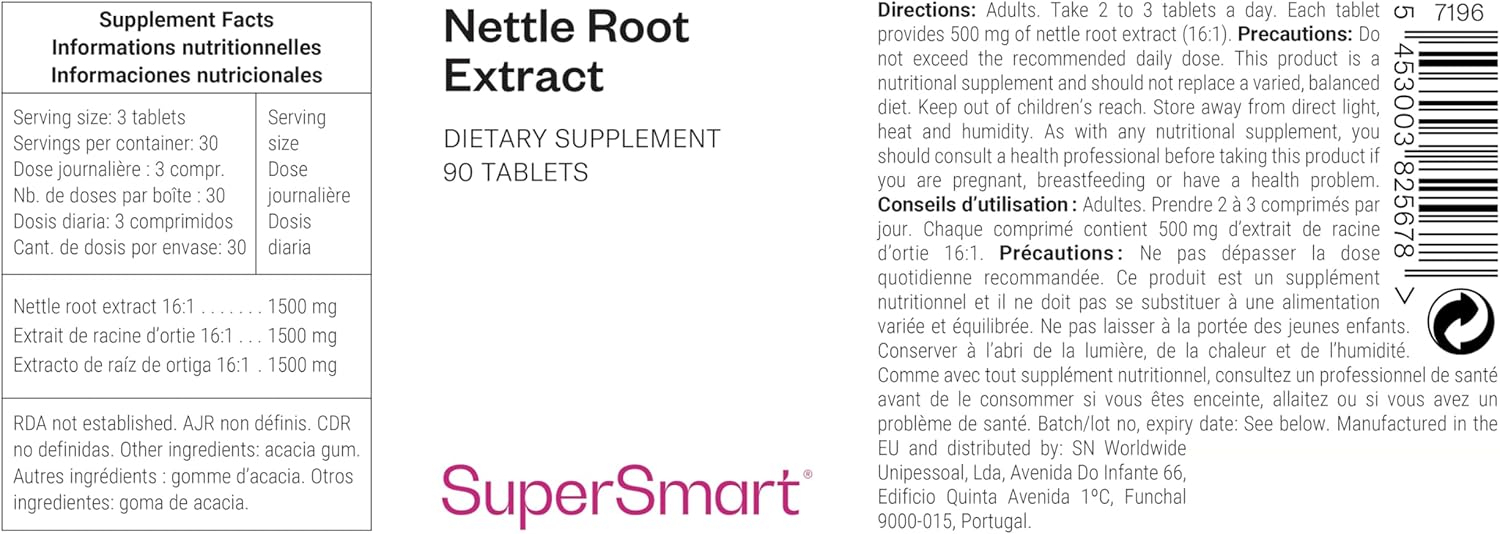 Nettle Root Extract - Extrait Naturel de Racine d’Ortie - Contribue à Soulager les Symptômes de l’Hypertrophie Bénigne de la Prostate (Réveils Nocturnes, Besoins Urgent d’Uriner…) - Supersmart