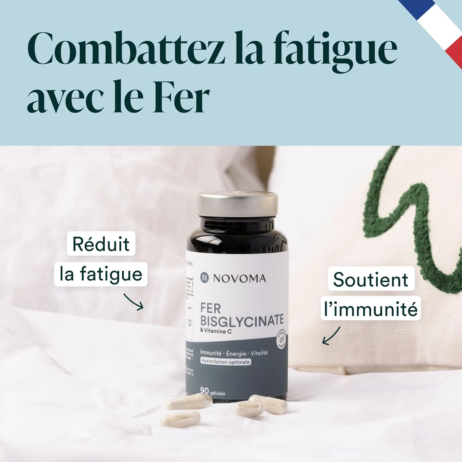 Fer Bisglycinate 14 mg + Vitamine C, Haute Absorption, Immunité & Anti-fatigue, Cure de 3 mois, Complément Alimentaire breveté Ferrochel®, 90 Gélules Vegan, Fabriqué en France
