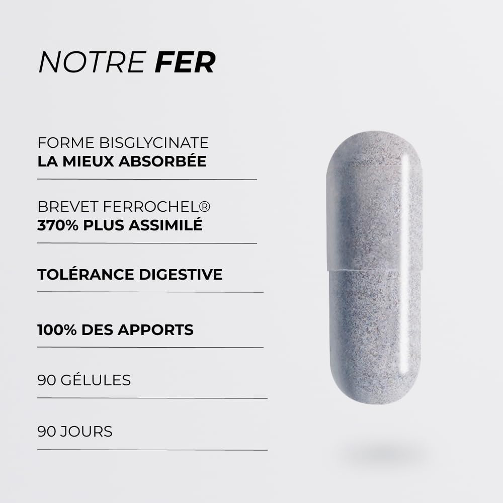 Fer Bisglycinate Pur 14 mg - Cuure - Breveté Ferrochel® - 90 Jours - Haute Absorption & Tolérance Intestinale - Anti-Fatigue, Immunité - Fer Complément Alimentaire - Fabriqué en France