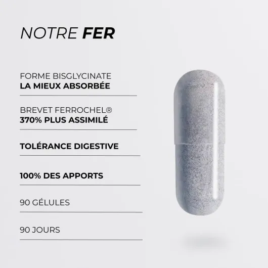 Fer Bisglycinate Pur 14 mg - Cuure - Breveté Ferrochel® - 90 Jours - Haute Absorption & Tolérance Intestinale - Anti-Fatigue, Immunité - Fer Complément Alimentaire - Fabriqué en France