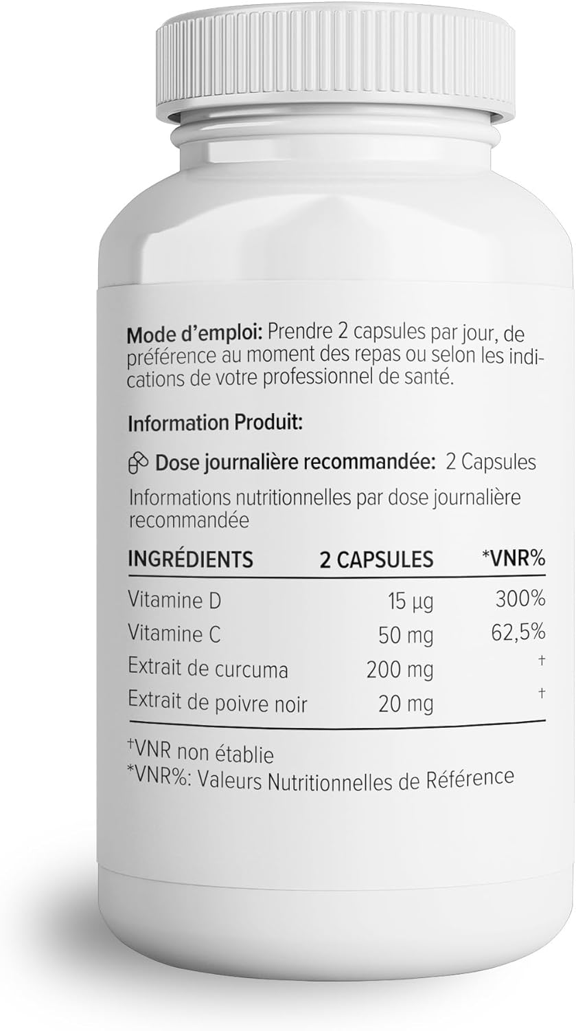 Complément alimentaire Complexe à l'extrait de curcuma de Theonia - Vitamine D3 et C, Poivre noir - Contribue à la bonne santé des muscles, des articulations et des os - 60 gélules - 200 mg 60 unité (Lot de 1)