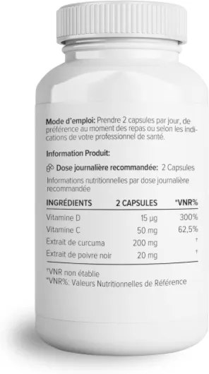 Complément alimentaire Complexe à l'extrait de curcuma de Theonia - Vitamine D3 et C, Poivre noir - Contribue à la bonne santé des muscles, des articulations et des os - 60 gélules - 200 mg 60 unité (Lot de 1)