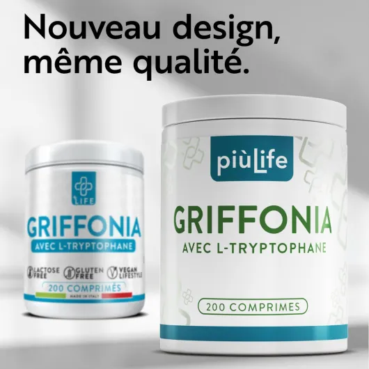 Griffonia Simplicifolia Tryptophane PiùLife, 400 mg par comprimé avec 50 mg L tryptophane – Précurseur de Serotonine Melatonine – Dormir Mieux, Bonne Humeur, Anxiete Stress – Source naturelle de 5-HTP 200 unité (Lot de 1)