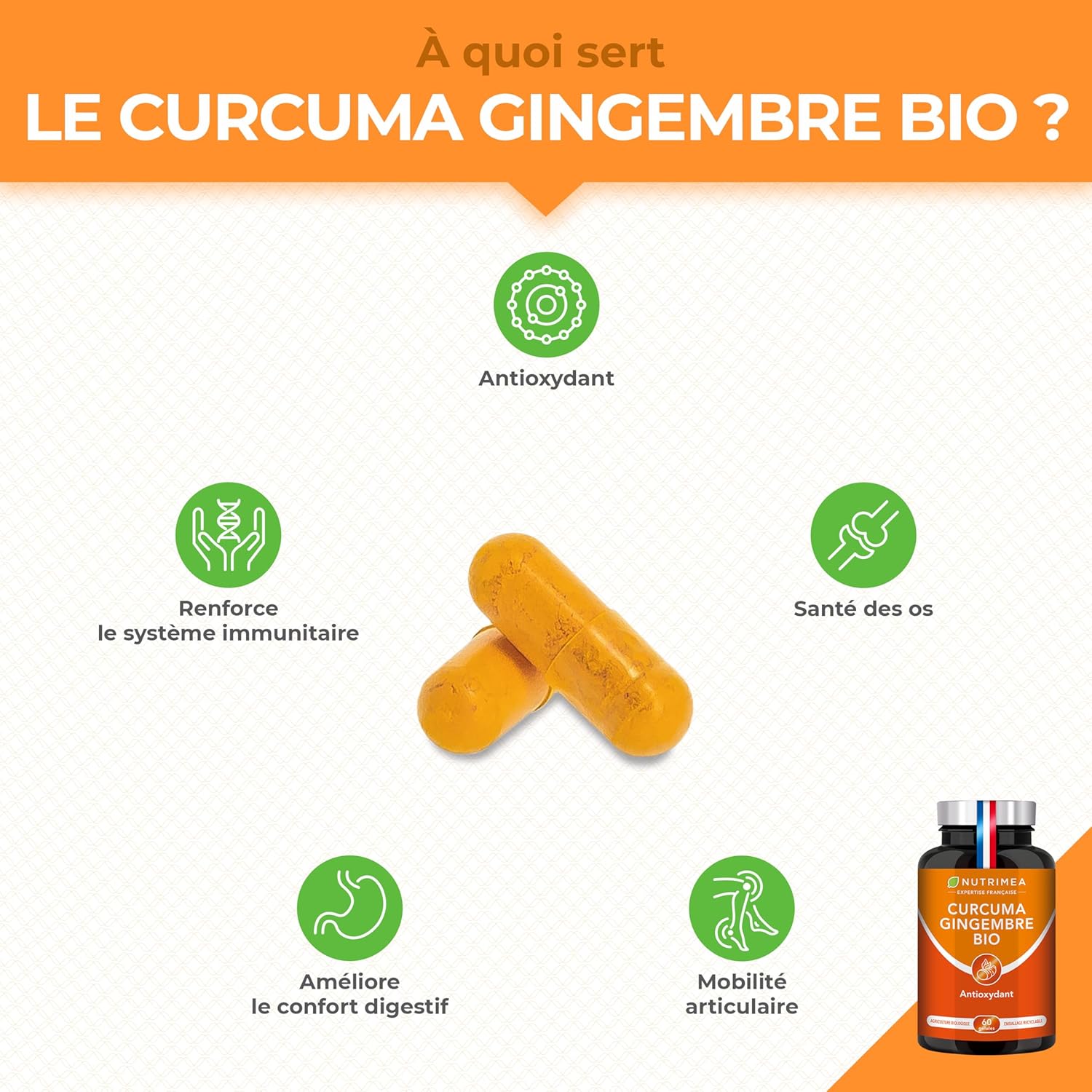 CURCUMA - Extrait de Curcuma BIO Titré à 95% en Curcuminoïdes - Avec Gingembre BIO - Anti Inflammatoire & Antioxydant - Douleurs Articulaires - Nutrimea - 60 Gélules Vegan - Fabriqué en France