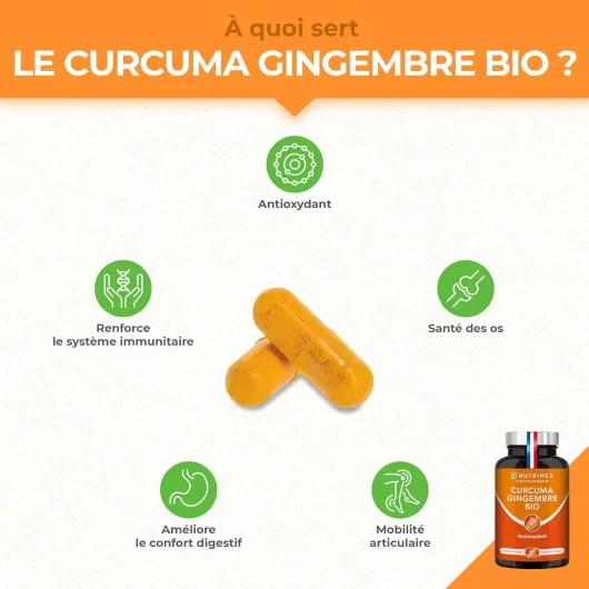 CURCUMA - Extrait de Curcuma BIO Titré à 95% en Curcuminoïdes - Avec Gingembre BIO - Anti Inflammatoire & Antioxydant - Douleurs Articulaires - Nutrimea - 60 Gélules Vegan - Fabriqué en France