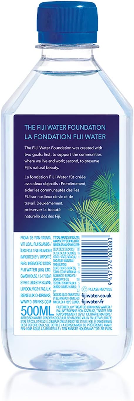Water - Eau Minérale Plate des Îles Fidji - bouteilles de 50cl - Eau Artésienne Enrichie en Minéraux - Filtration Naturelle, Conditionnée sans Contact avec la Main de l'Homme - 500 ml (Lot de 1)
