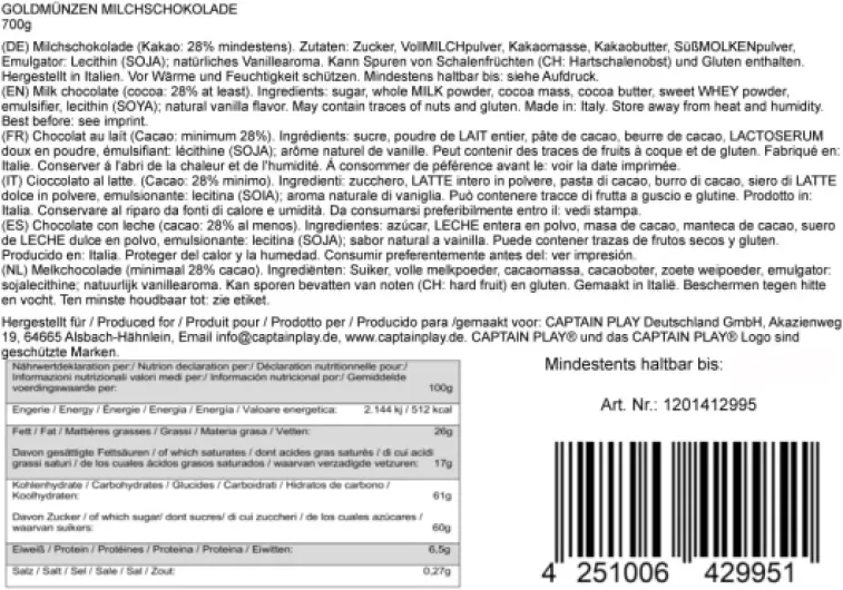 Pièces d'Or en Chocolat, 700g en emballage individuel