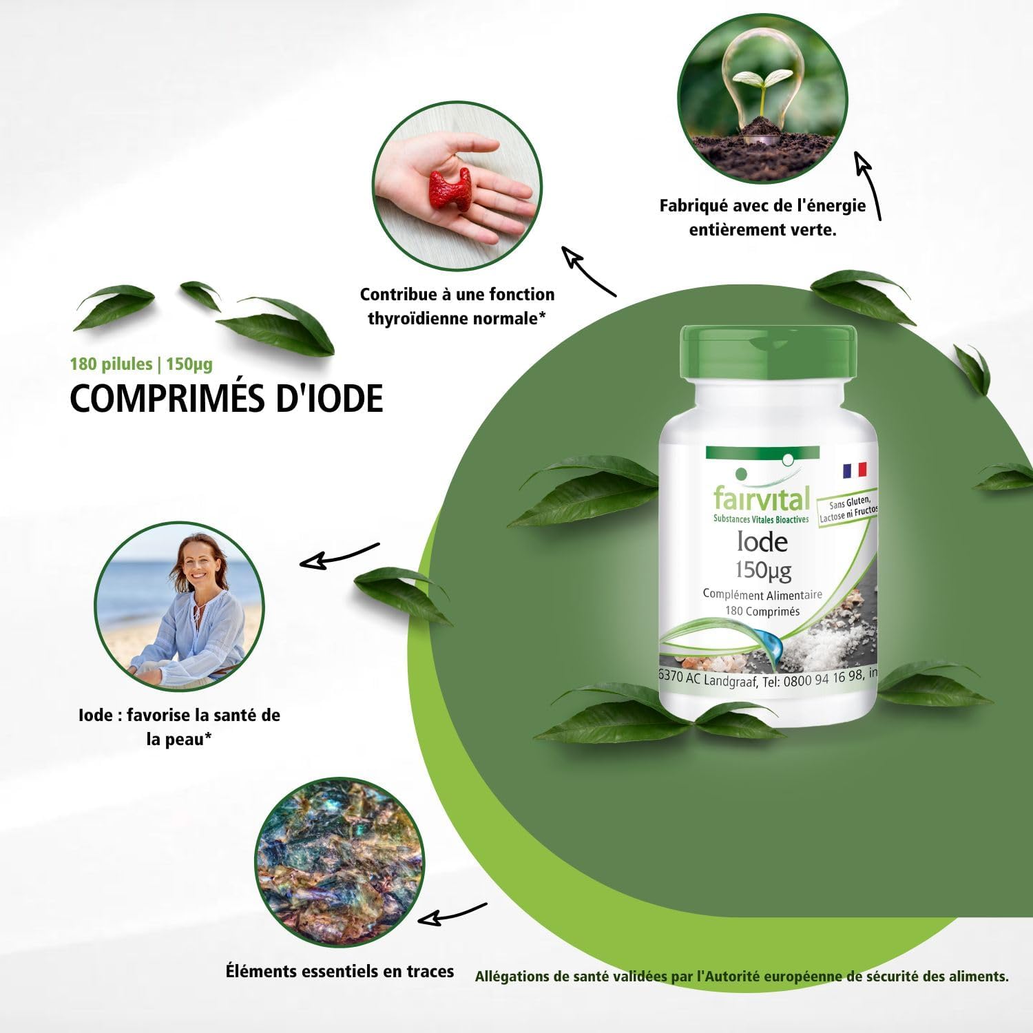 Iode 150μg - comprimés d'iode - fortement dosé - avec 150mcg d'iodure de potassium, 180 comprimés, végétarien