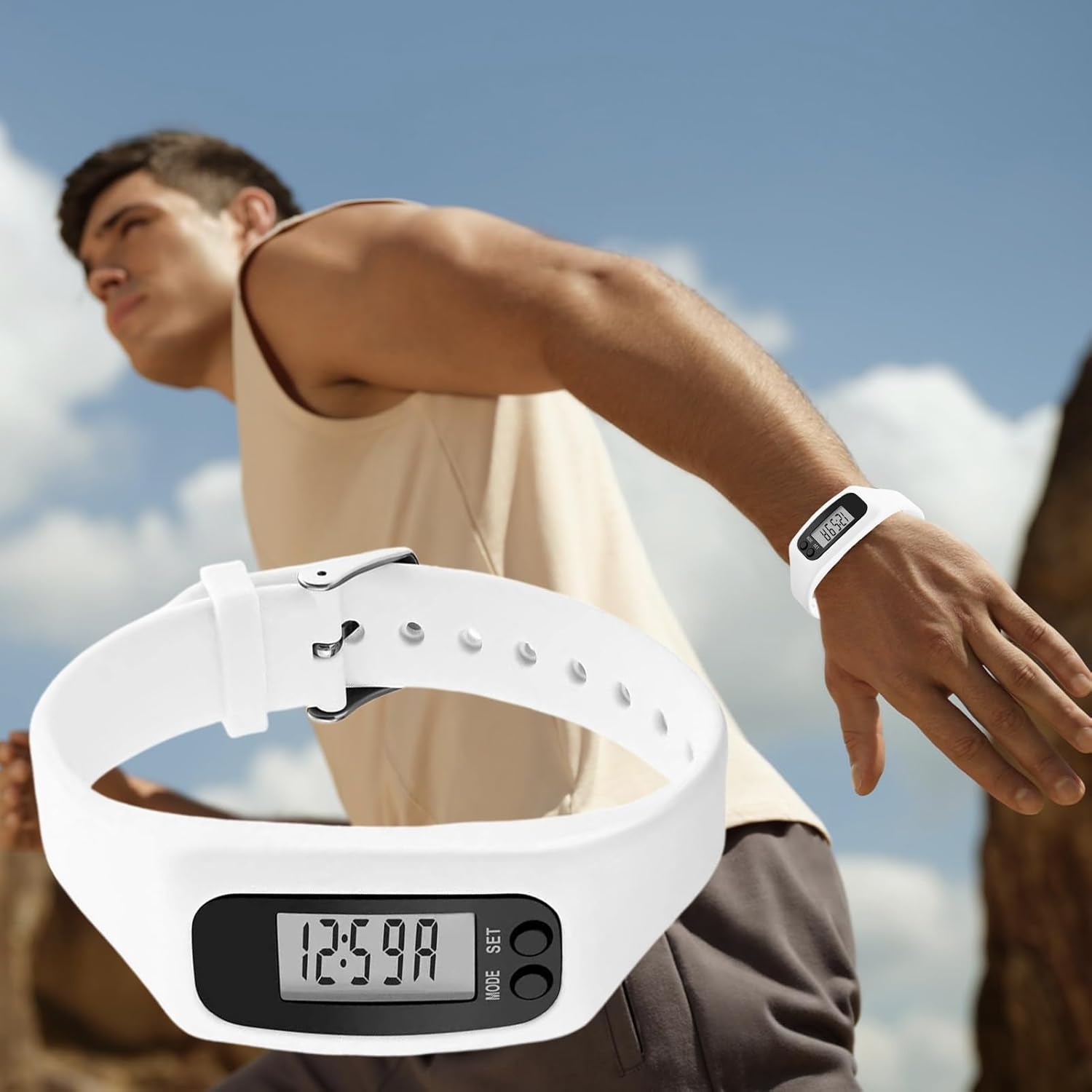Montre compteur de pas - Écran LCD léger - Compteur de calories podomètre – Pour la marche, le fitness, les voyages quotidiens, les trajets quotidiens, le jogging, la randonnée, le parc, les Blanc