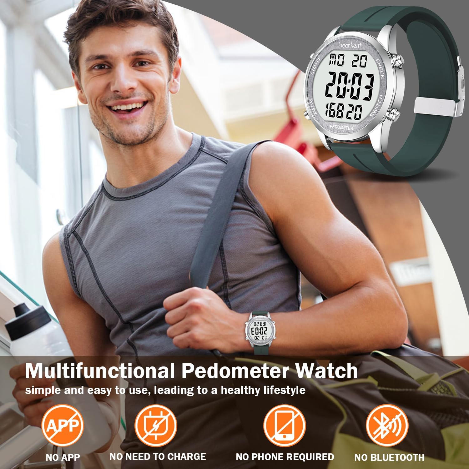 Pedometer Watch for Walking for Senior Non Bluetooth No App Required with Steps Calories Counter and LCD Large Numbers Vert