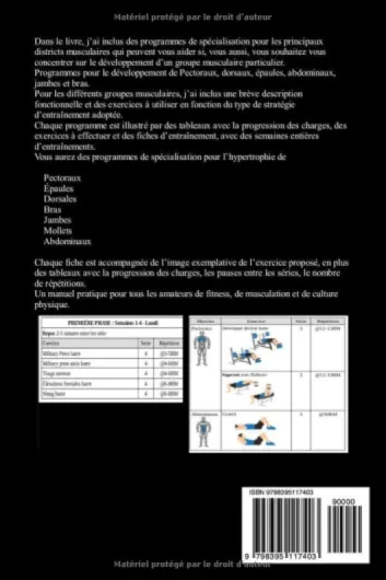 Musculation - Programmes de Spécialisation groupes musculaires: Fiches d’Entraînement de Musculation et de Fitness pour Pectoraux, Dorsaux, Épaules, Jambes, Bras, Abdominaux