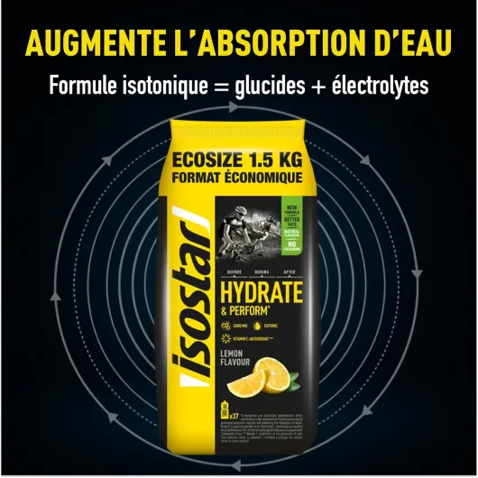 ISOSTAR – Hydrate & Perform Citron – Poudre Boisson Isotonique Sport – Boisson Énergétique Endurance avec Électrolytes, Vitamine C & B1 – Hydratation Running, Vélo & Trail – 1,5 kg