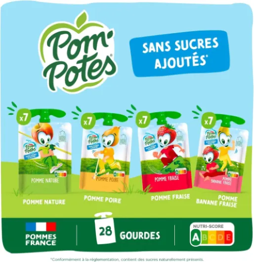 POM'POTES® - Compote Gourde Sans Sucres Ajoutés - Plusieurs parfum avec Pomme Française: Fraise / Poire / Banane-Fraise s - Source De Fibres - Nutri-Score A - 3 Ans Et Plus - 28 x 90g 28 x 90 g