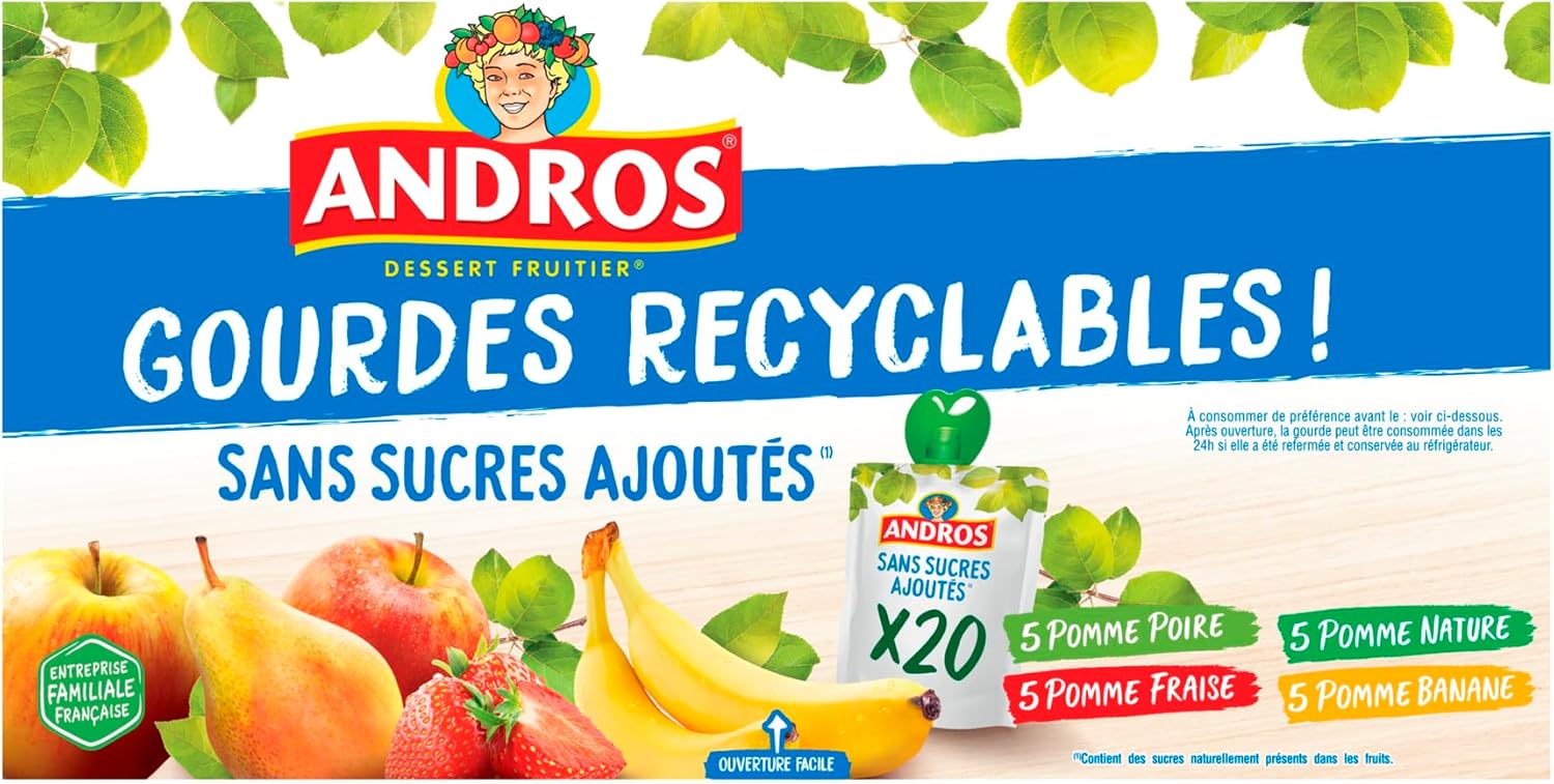 Compote de Fruit - Gourde Recyclable - Sans Sucre Ajouté - Goût Pomme + Poire + Fraise + Banane - Idéal pour l'Enfants - Lot de 20