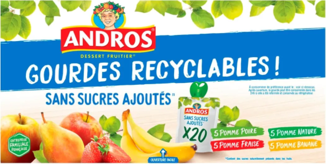 Compote de Fruit - Gourde Recyclable - Sans Sucre Ajouté - Goût Pomme + Poire + Fraise + Banane - Idéal pour l'Enfants - Lot de 20