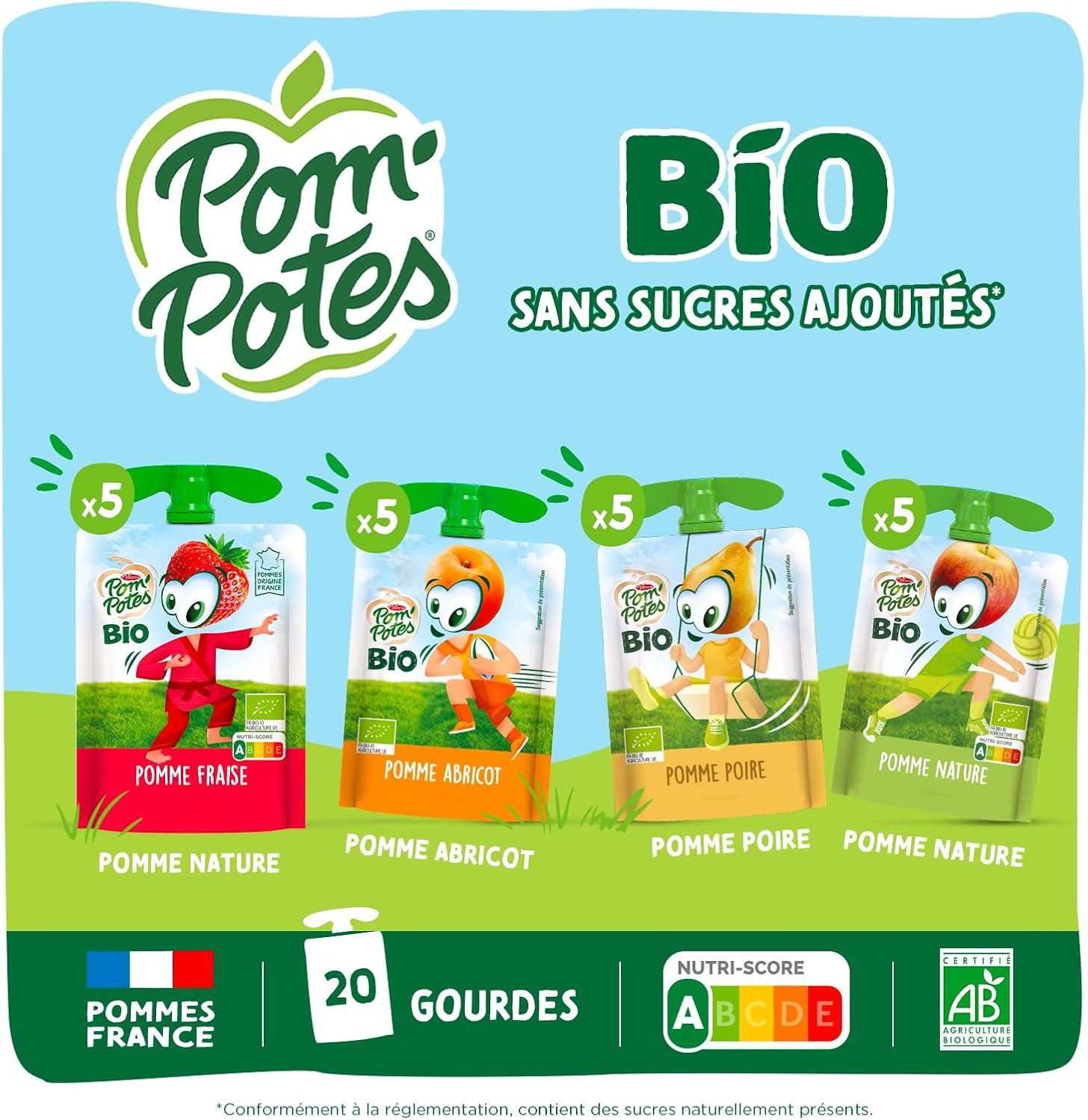 POM'POTES® - Compote Gourde BIO Sans Sucres Ajoutés* - Pomme Nature - Pomme Poire - Pomme Abricot - Pomme Fraise - Pommes Françaises - Source De Fibres - Nutri-Score A - 3 Ans Et Plus - 20 x 90g Moyen