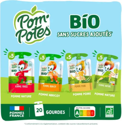 POM'POTES® - Compote Gourde BIO Sans Sucres Ajoutés* - Pomme Nature - Pomme Poire - Pomme Abricot - Pomme Fraise - Pommes Françaises - Source De Fibres - Nutri-Score A - 3 Ans Et Plus - 20 x 90g Moyen