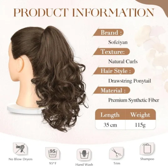 Extensions de Cheveux en Queue de Cheval Ondulées,35 cm Mittelbraun/Hellbraun Gemischt Perruque en Queue de Cheval avec Cordon,Ponytail Postiche Synthétique Naturel pour Femmes 35cm Mélange Brun Moyen/Brun Clair