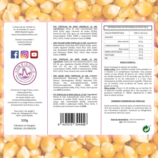 , Tortillas de Maïs, Tortillas Mexicaines au Maïs Jaune Nixtamalisé, Sans Gluten et Véganes, 12cm, 23 Unités