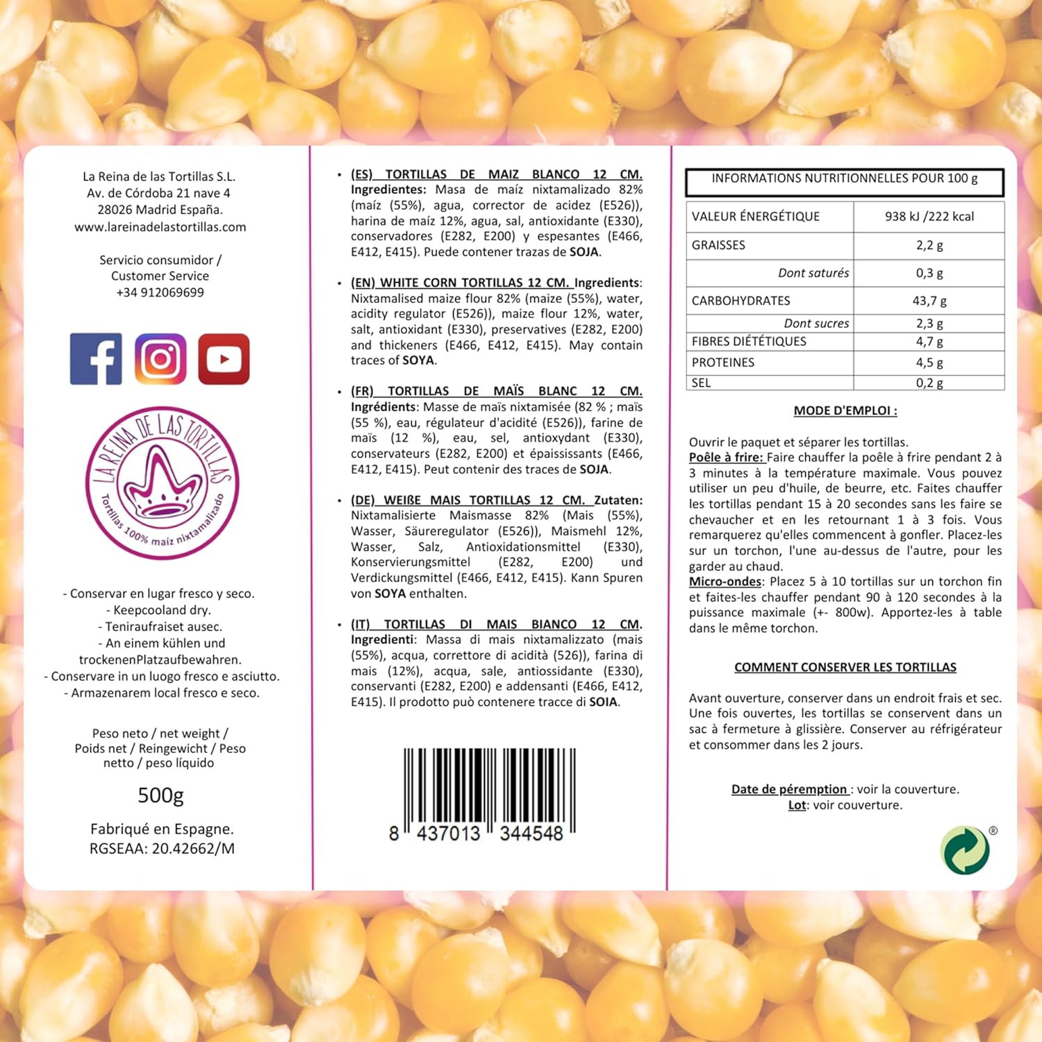 , Tortillas Mexicaines de Maïs Blanc, 100% Nixtamalisées, Sans Gluten, 12cm de Diamètre, 23 Pièces, 500g