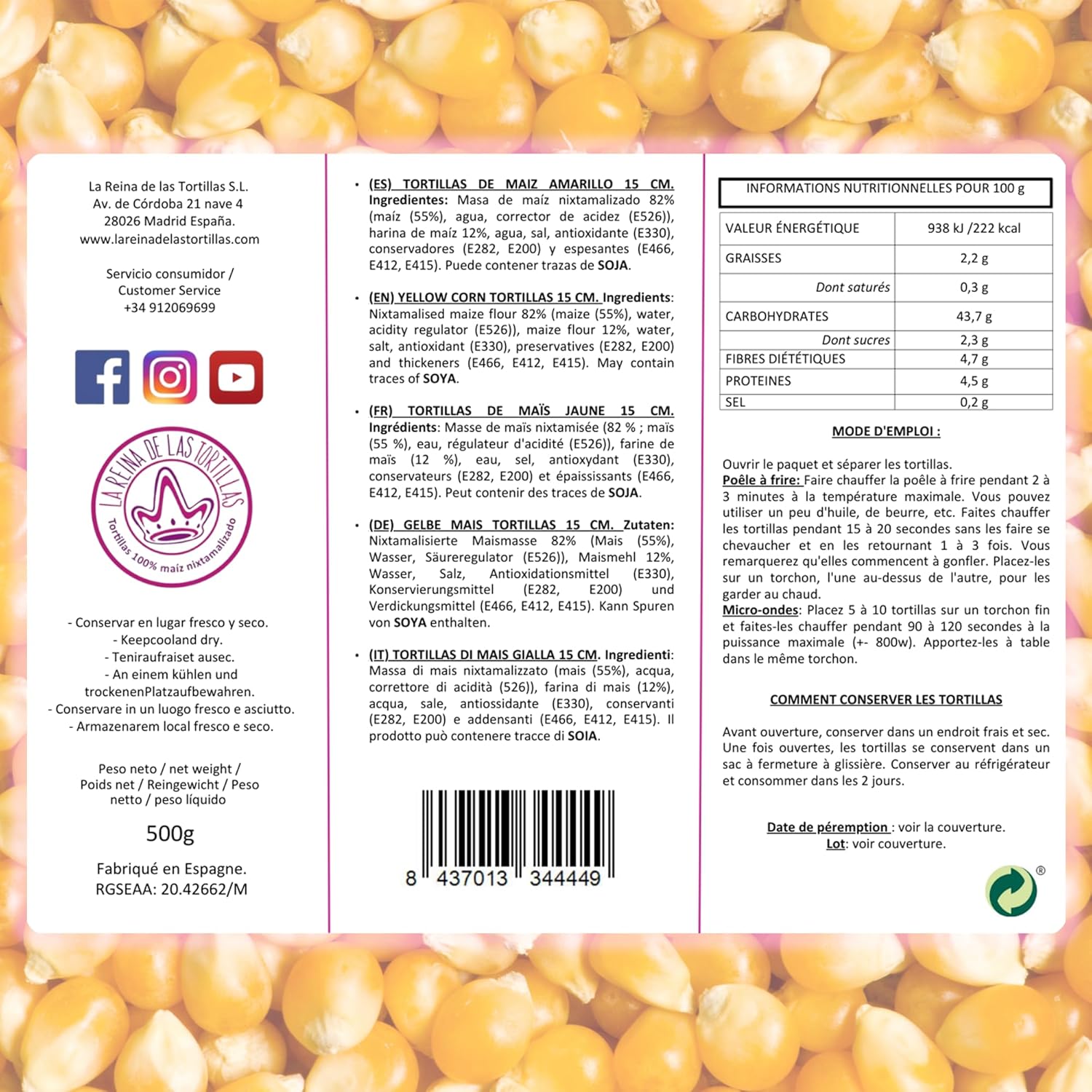 , Tortillas Mexicaines de Maïs Jaune, 100% Nixtamalisées, Sans Gluten, 15cm de Diamètre, 18 Pièces, 500g