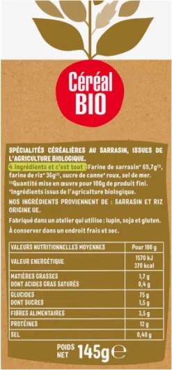 CÉRÉAL BIO – Tartines Craquantes Sarrasin Bio – Sans Gluten – Riche en Fibres – Idéal Petit–Déjeuner, Snack Léger ou Apéritif – Nutriscore A – 3 Sachets –145g Sarrasin 1 unité (Lot de 1)