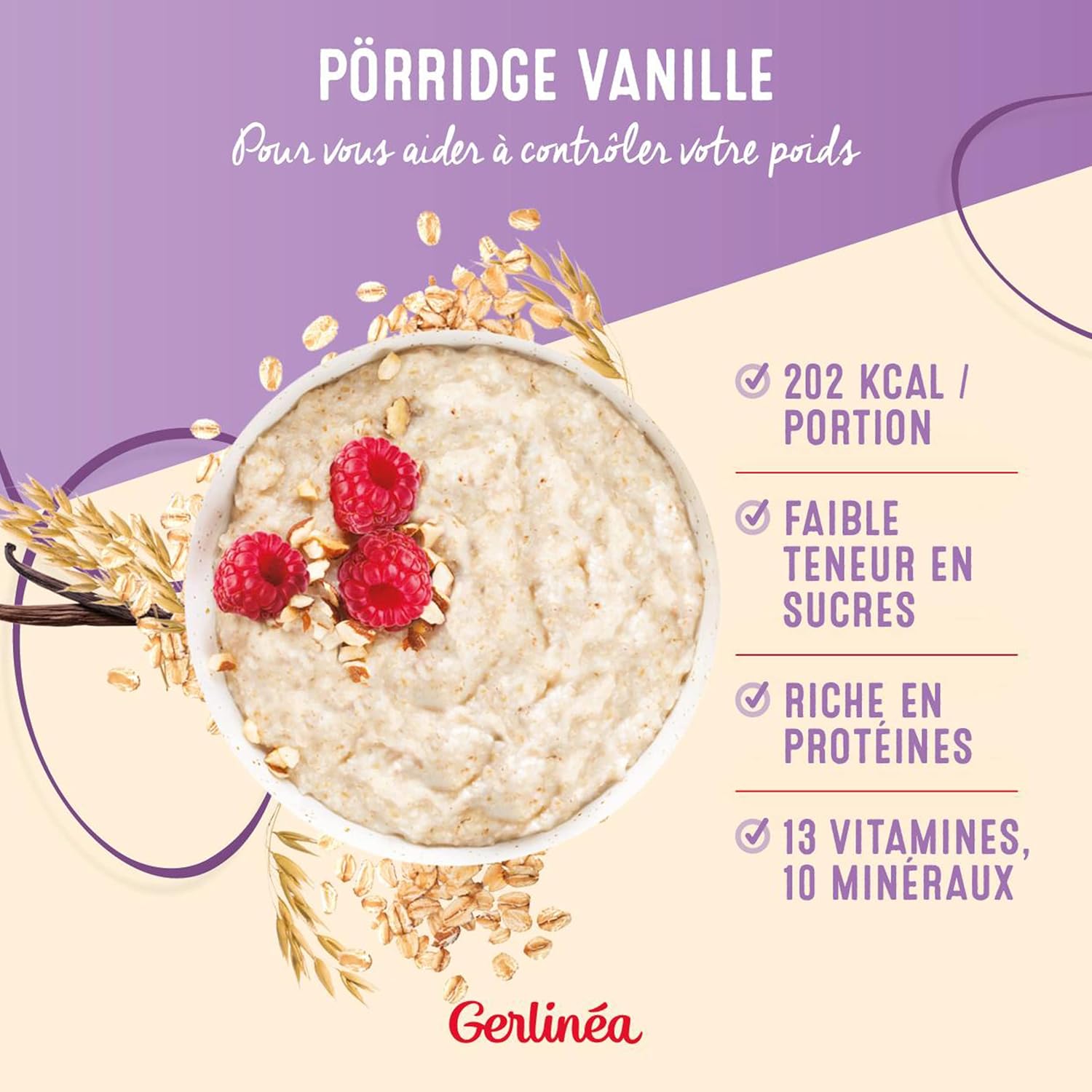 GERLINÉA – Porridge Saveur Vanille – Flocons d’Avoine Complets & Son d’Avoine – Idéal pour un Petit-Déjeuner Complet – Source de Fibres – 5 Portions – 275 g