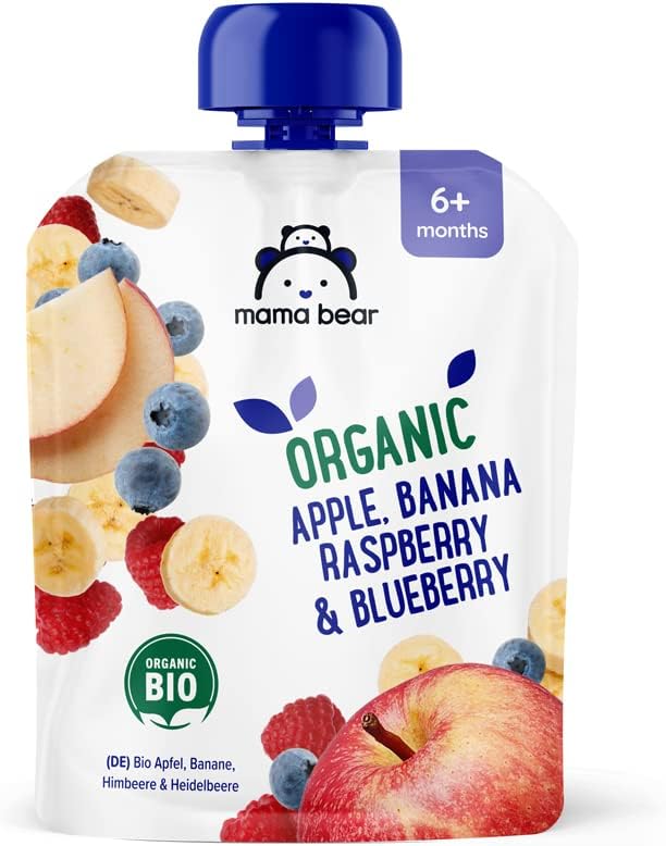 Marque Amazon - Mama Bear Purées de Pomme, Banane, Myrtille et Framboise et myrtille bio, végétarien, 540g, 6 lot de 90g Pomme, Banane, Framboise et Myrtille 90 g (lot de 6)