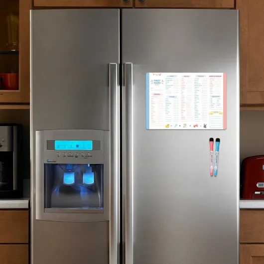 Tableau Sevrage Bébé - Suivi Première Nourriture, Aimant Réfrigérateur PET Effaçable - Planificateur Alimentaire Quotidien & Liste Contrôle Diversification pour 6+ Mois