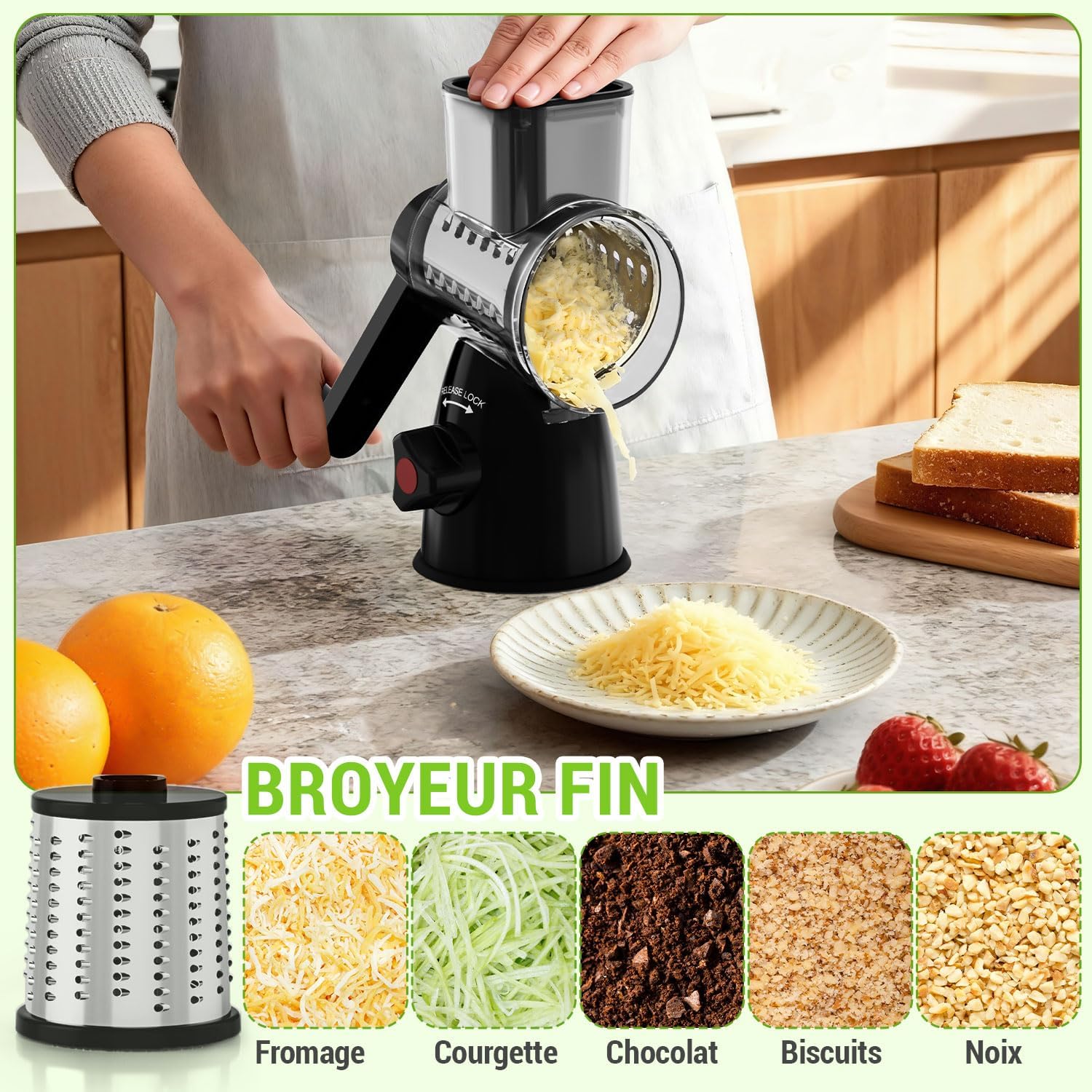 Râpe à Fromage Rotative, Mandoline Cuisine Professionnelle, Coupe Legumes Multifonctions avec 3 Lames de Tambour, Rapeuse Legume pour Fromage, Carottes, Concombre, Pommes de Terre