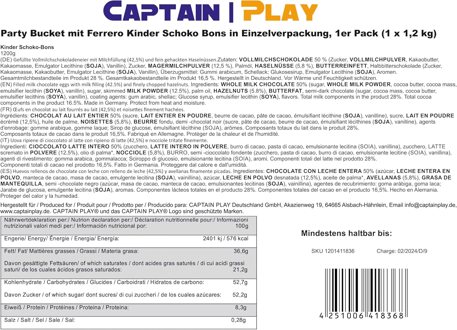 Party Bucket avec Kinder Schoko Bons dans emballage individuel 1,2kg