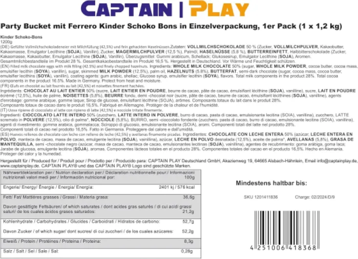 Party Bucket avec Kinder Schoko Bons dans emballage individuel 1,2kg