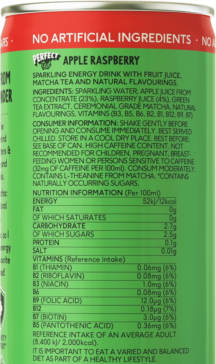 PerfectTed Pomme Framboise Boisson Énergisante Saine, 12 Canettes de 250 ml, Caféine de Thé Vert (80mg) & L-Théanine Entièrement Naturelles - Faible en Calories (43KCAL) - Végane - Sans Gluten