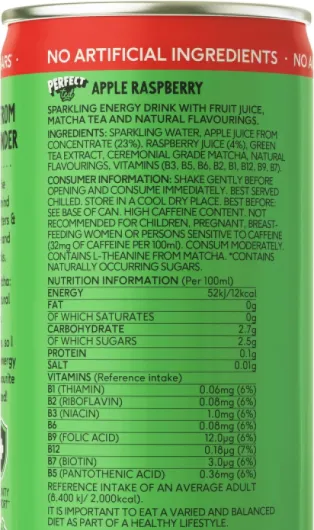 PerfectTed Pomme Framboise Boisson Énergisante Saine, 12 Canettes de 250 ml, Caféine de Thé Vert (80mg) & L-Théanine Entièrement Naturelles - Faible en Calories (43KCAL) - Végane - Sans Gluten