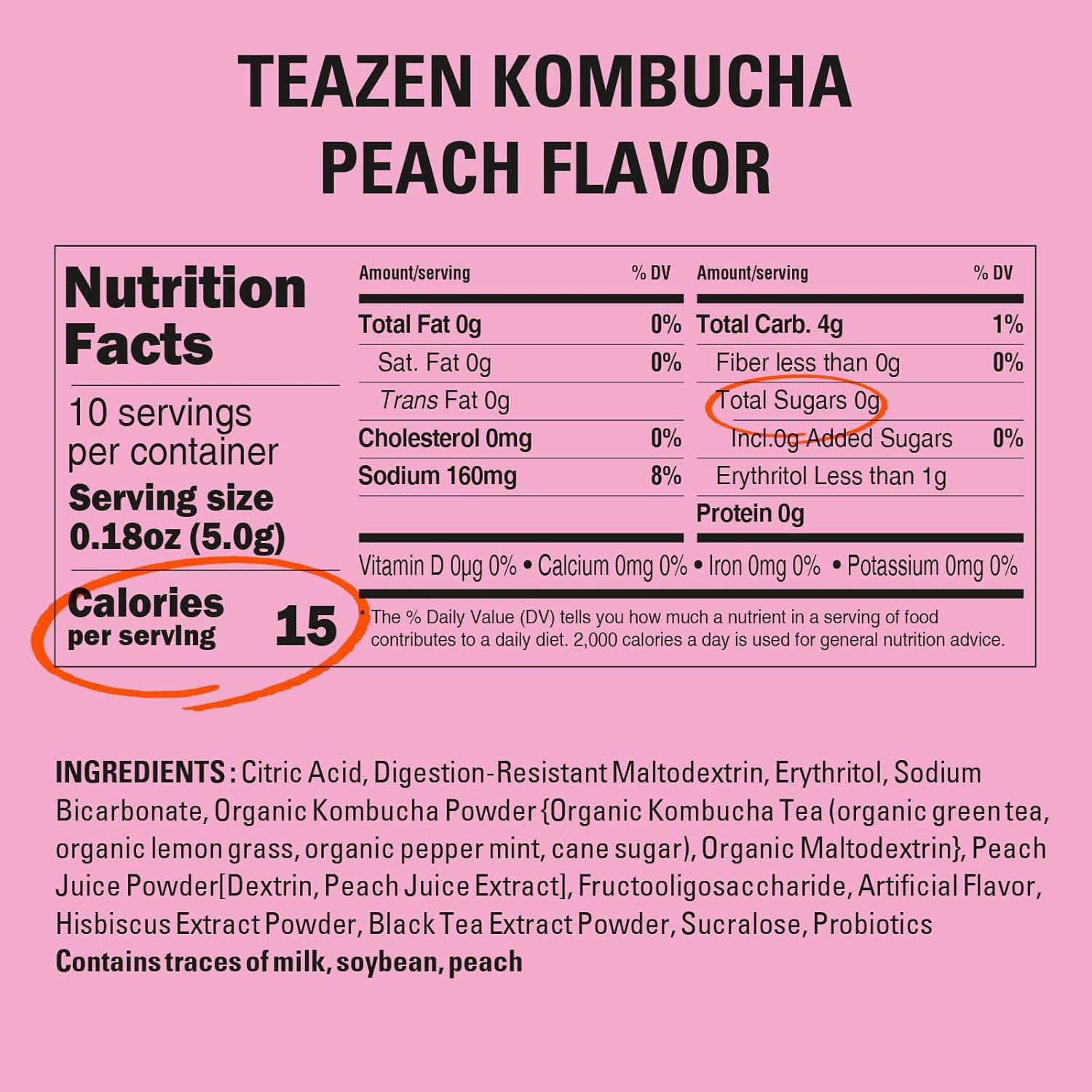 TEAZEN - Kombucha Pêche – Thé probiotique fermenté instantané – 10 sachets – Sans sucre, Végan, Faible en calories – Boisson fruitée Coréenne en poudre avec prébiotiques