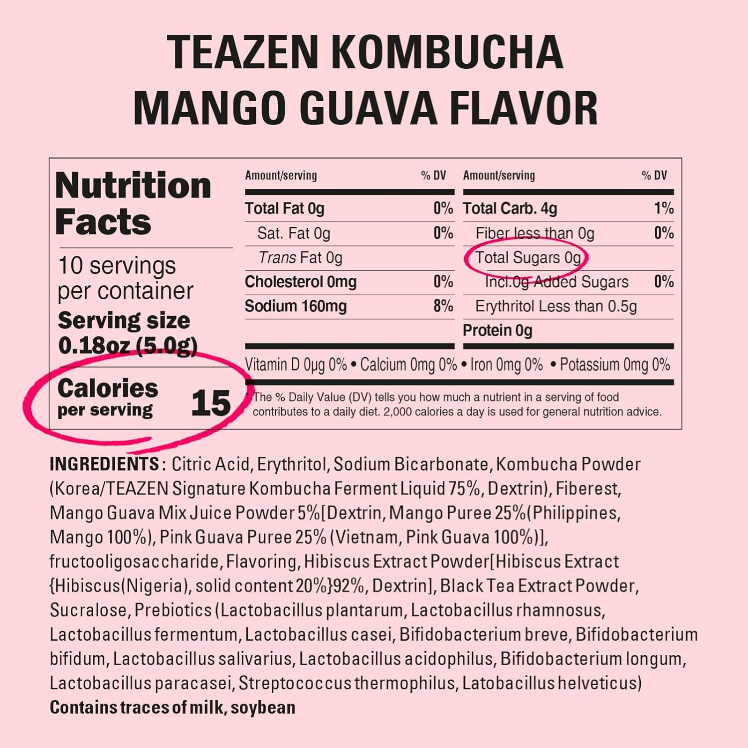TEAZEN - Pack de 10 Sachets Kombucha Mangue Goyave - Boisson Instantanée Probiotique - Thé Sans Sucre - Faible en Calories - Vegan - Clean Label - 10 x 5 g