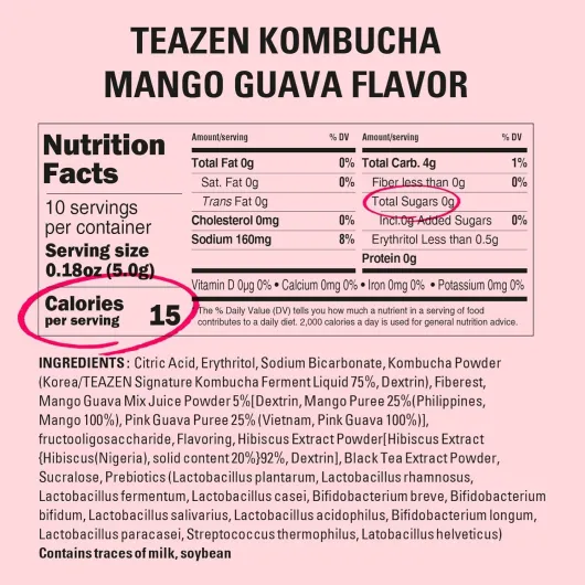 TEAZEN - Pack de 10 Sachets Kombucha Mangue Goyave - Boisson Instantanée Probiotique - Thé Sans Sucre - Faible en Calories - Vegan - Clean Label - 10 x 5 g