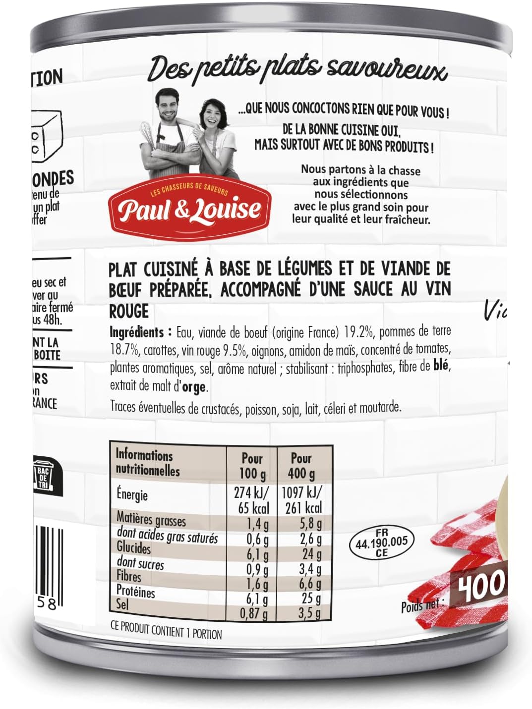 Paul & Louise Boeuf Bourguignon 400g - 100% viande origine France 400 g (Lot de 1)