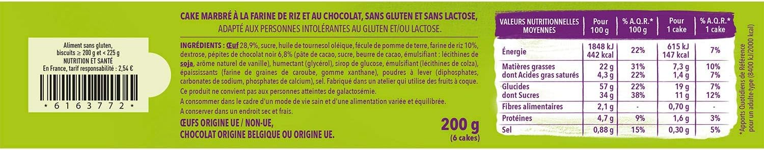 GERBLÉ – Mini Cakes Marbrés – Sans Gluten & Sans Lactose – Cacao Durable – 6 Cakes Individuels – 200 g