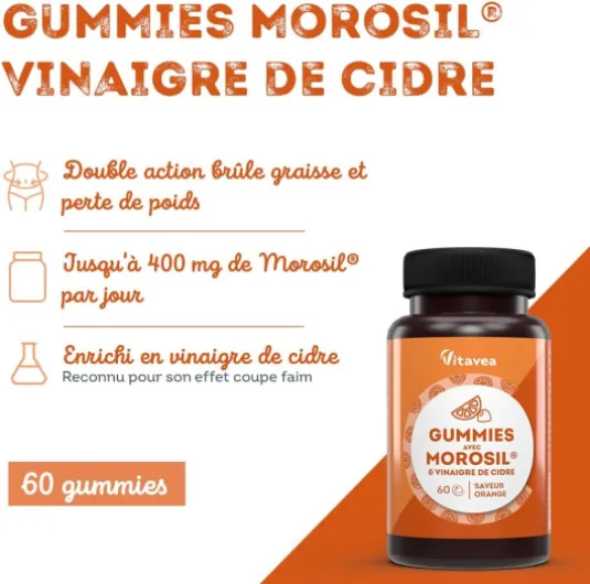 Gummies Morosil® 400 mg et Vinaigre de Cidre - Efficacité Scientifiquement Prouvée du Morosil®, Actif Breveté - Saveur Orange - Convient aux Vegans - 60 unités - Vitavea