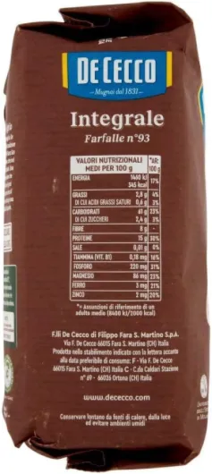 De Cecco – Farfalle Intégrales n°93, Pâtes Complètes de Blé Dur – Séchage Lent, Riche en Fibres – 4x 500 g – Fabrication Italienne + Italian Gourmet polpa 400g