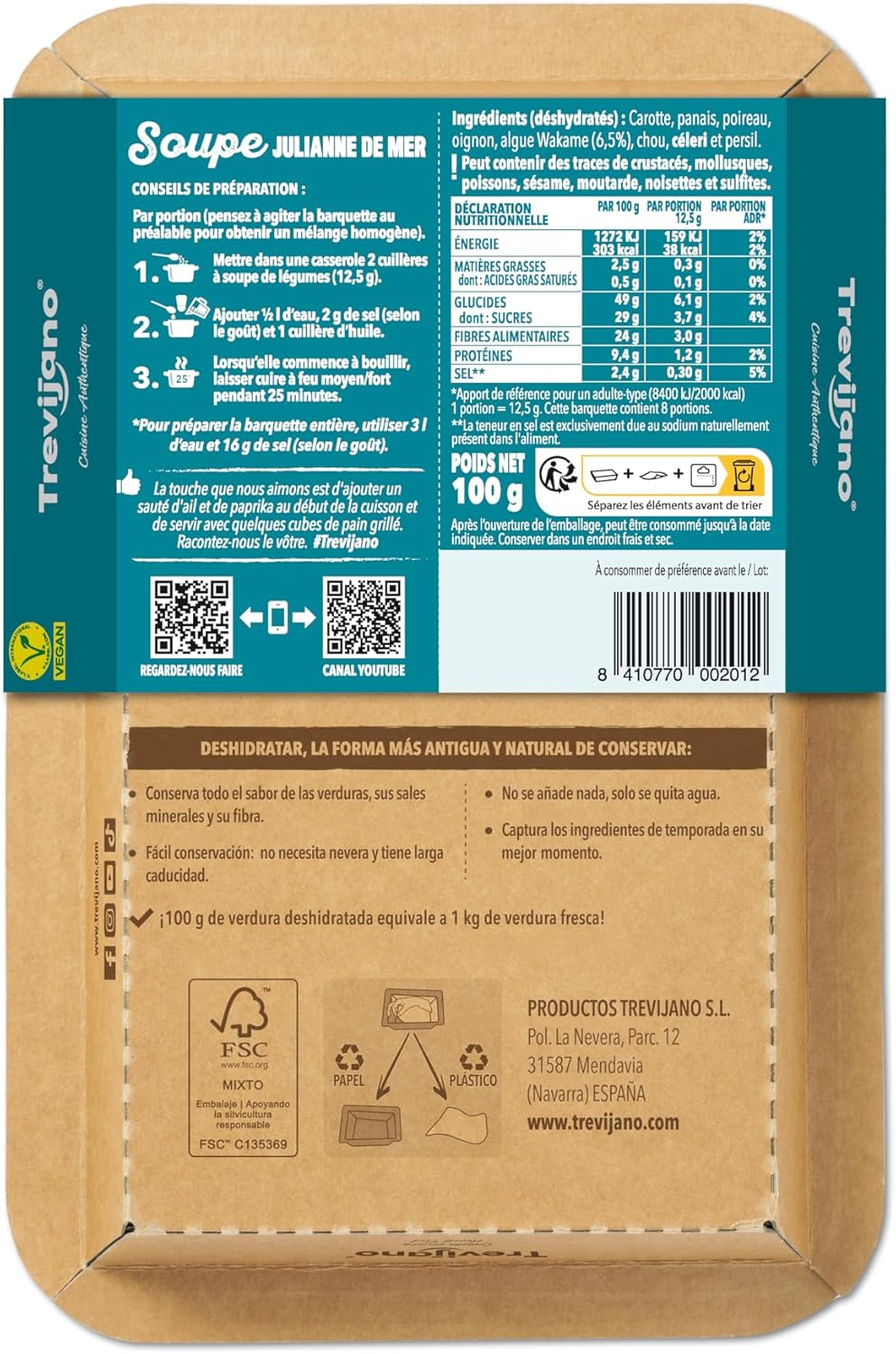 Soupe Julienne de Mer: 6 barquettes de 100g chacune (600g de légumes déshydratés) - Barquette: 8 portions de légumes: carotte, panais, poireau, algue wakame, oignon, chou,céleri et persil.