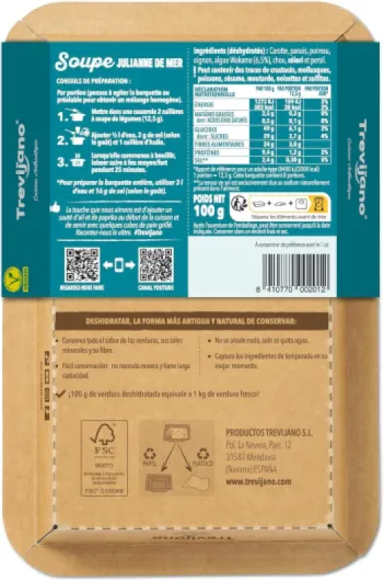 Soupe Julienne de Mer: 6 barquettes de 100g chacune (600g de légumes déshydratés) - Barquette: 8 portions de légumes: carotte, panais, poireau, algue wakame, oignon, chou,céleri et persil.