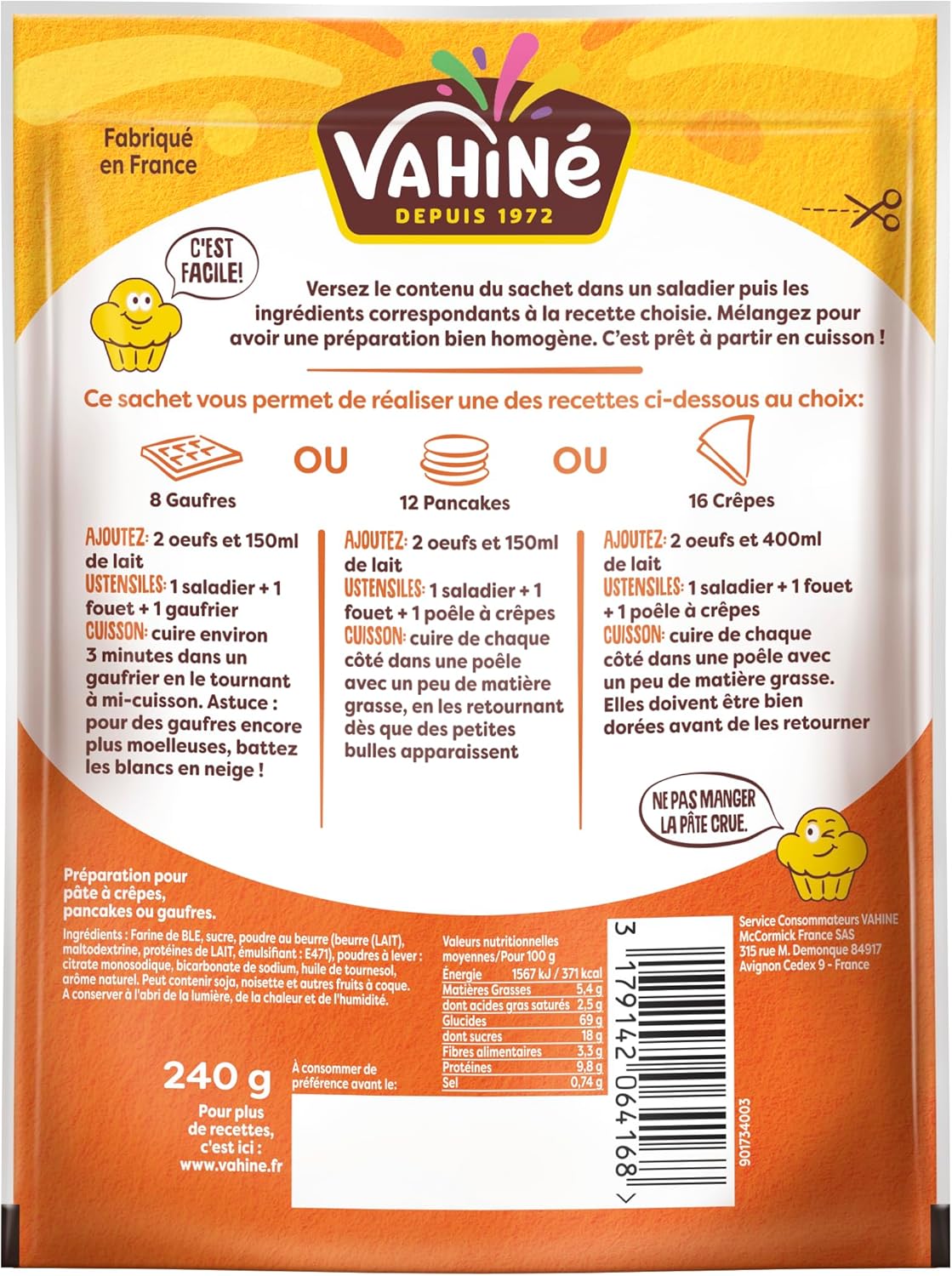 VAHINÉ - Préparation 3 en 1, Préparation pour pâte à crêpes, pancakes ou gaufres 240 g 240 g (Lot de 1)