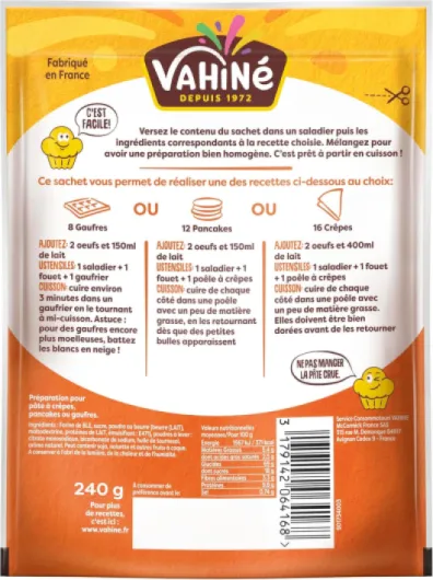 VAHINÉ - Préparation 3 en 1, Préparation pour pâte à crêpes, pancakes ou gaufres 240 g 240 g (Lot de 1)
